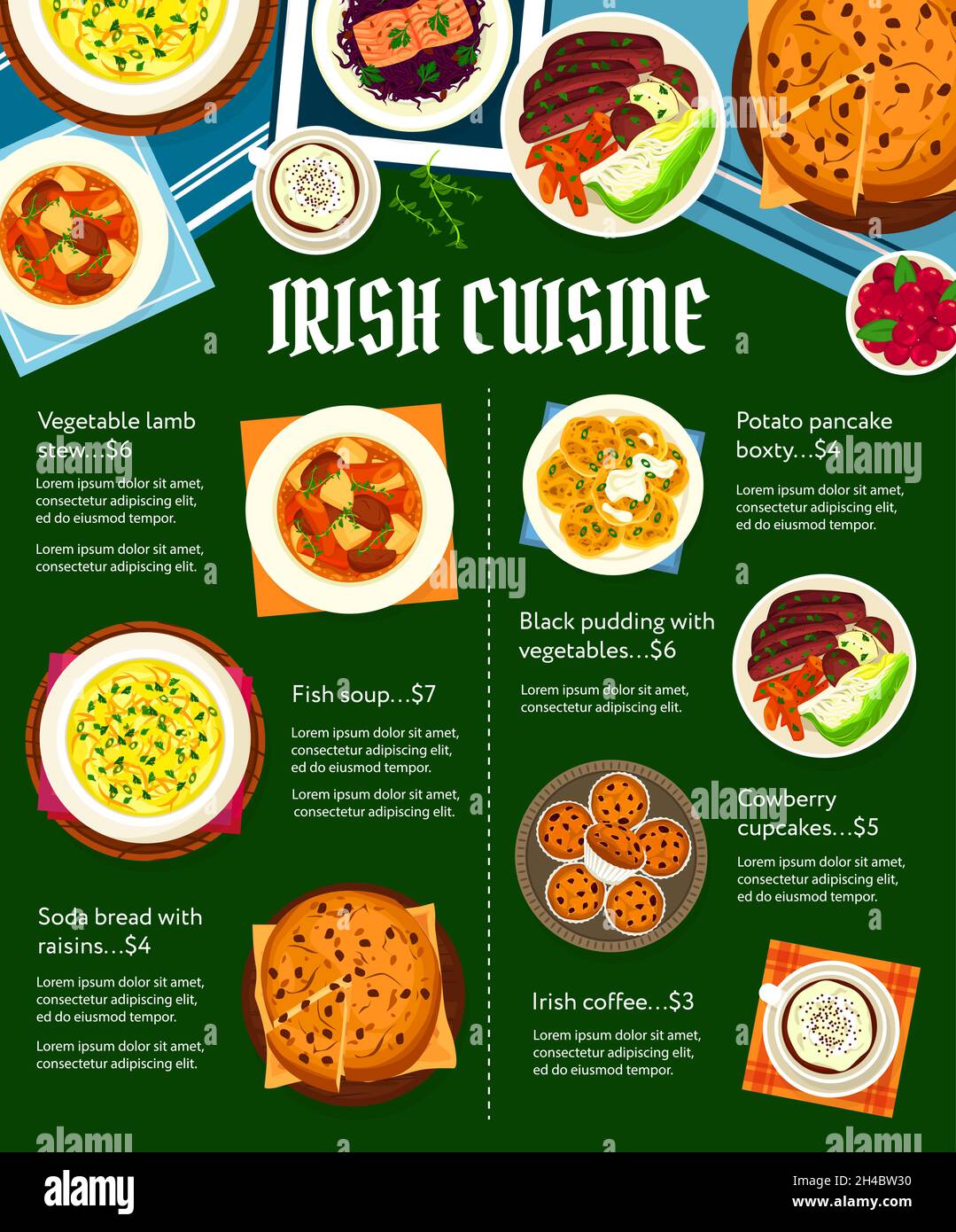 Irish cuisine vector menu potato pancake boxty, fish soup and soda bread with raisins. Irish coffee, cowberry cupcakes, vegetable lamb stew and black Stock Vector