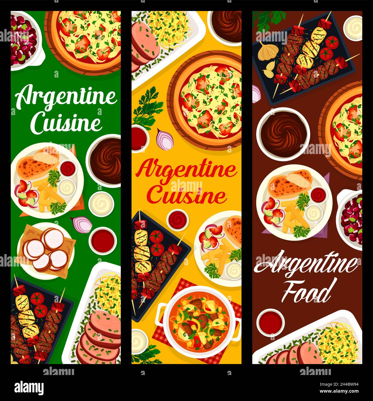 Argentine cuisine restaurant horizontal banners. Meat stew Guiso, bbq meat and sausages Asado, Lama steak, turkey Milanesa and onion pizza Fugazza, co Stock Vector