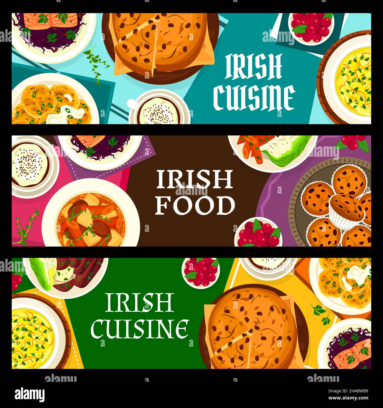 Irish cuisine vector banners cowberry cupcakes, potato pancake boxty, fish soup and soda bread with raisins. Vegetable lamb stew, black pudding and re Stock Vector