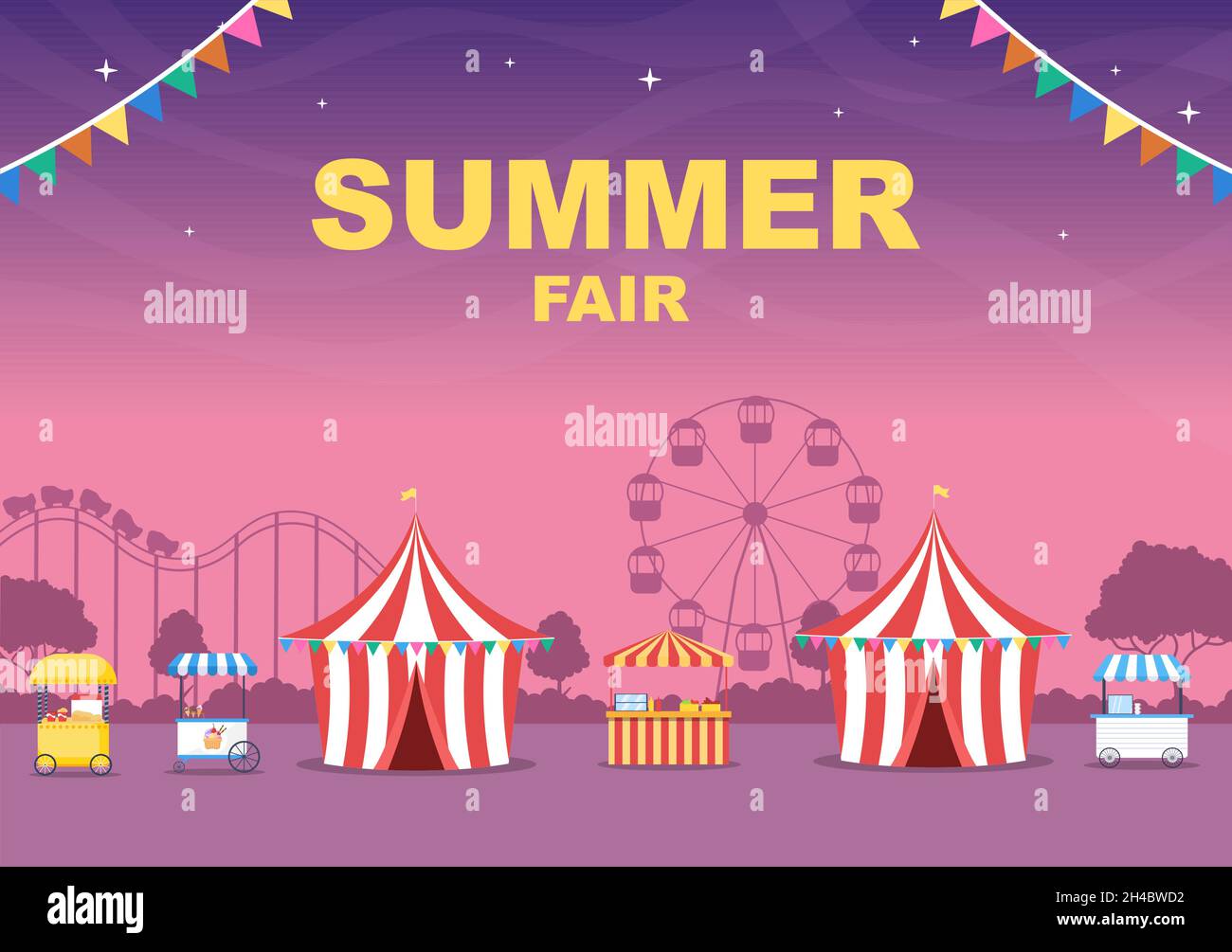 Summer Fair with Carnival, Circus, Funfair or Amusement Park. Landscape ...