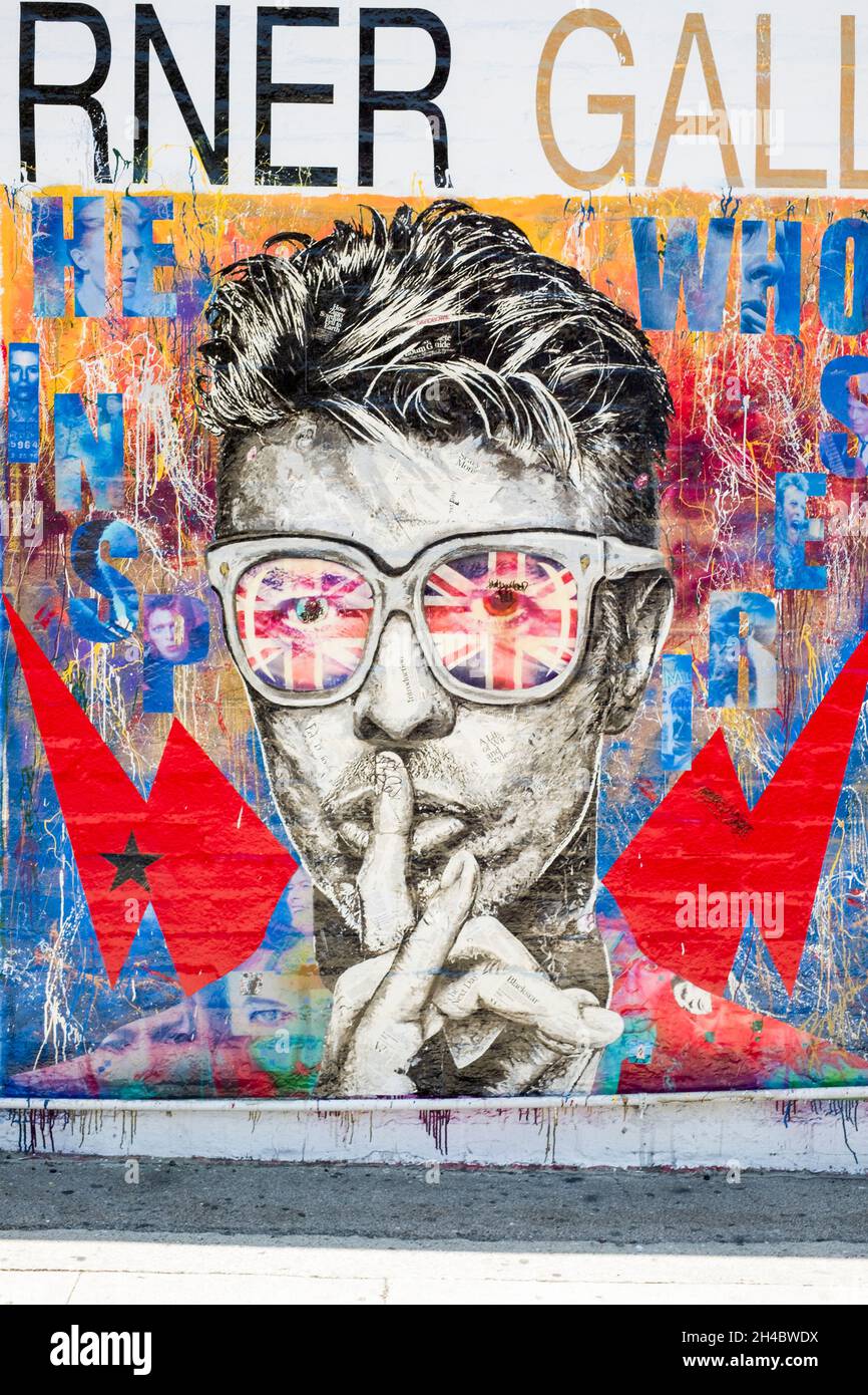 David Bowie mural art by artist Brayden Bugazzi on an exterior wall at the Artists Corner Galley in West Hollywood, California Stock Photo