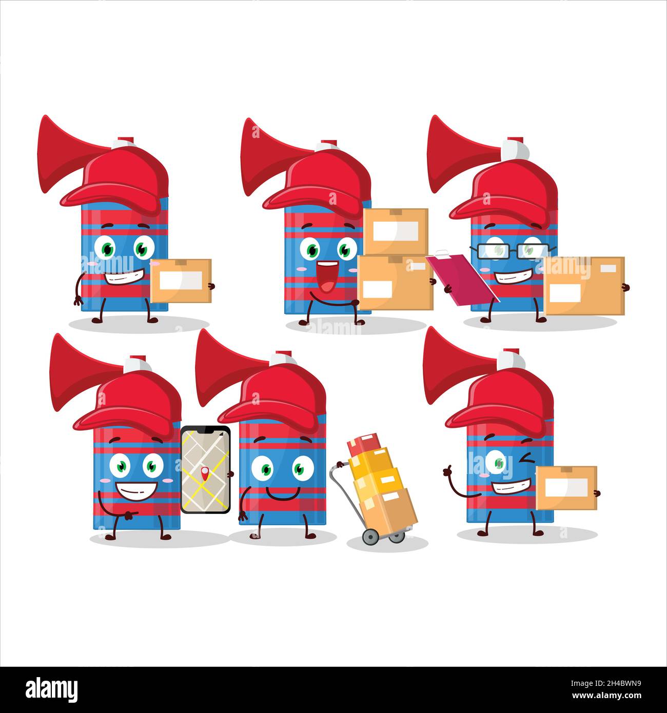 Cartoon character design of blue air horn working as a courier. Vector