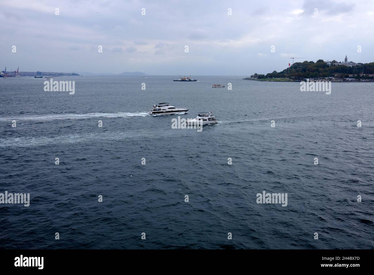 Boat and ship traffic on the Bosphorus in Istanbul, Turkey Stock Photo