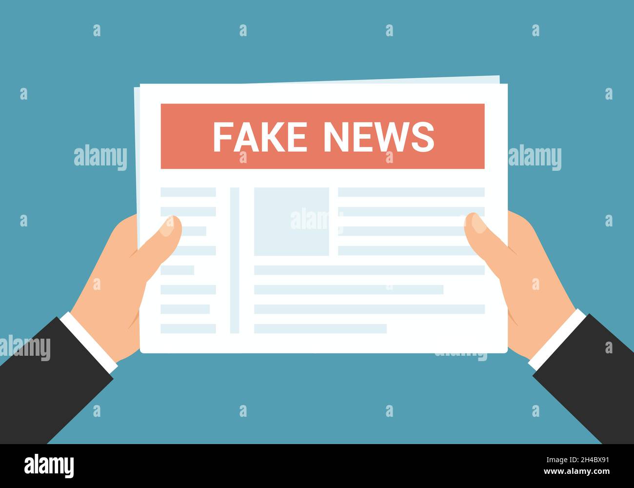 Flat design illustration of manager's hands holding newspaper and reading fake news - vector Stock Vector