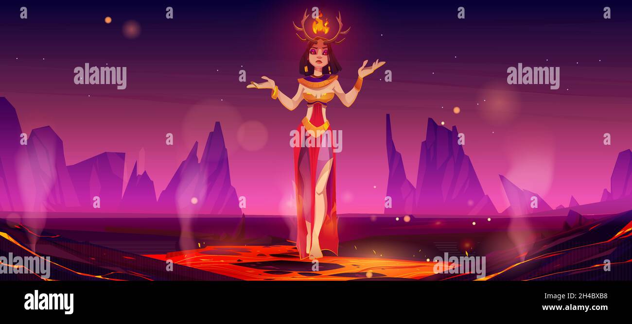 Devil woman in hell world, Halloween female character at creepy infernal landscape with hot lava, steam and rocks around. Satan or demon personage at mountains with magma, Cartoon vector illustration Stock Vector