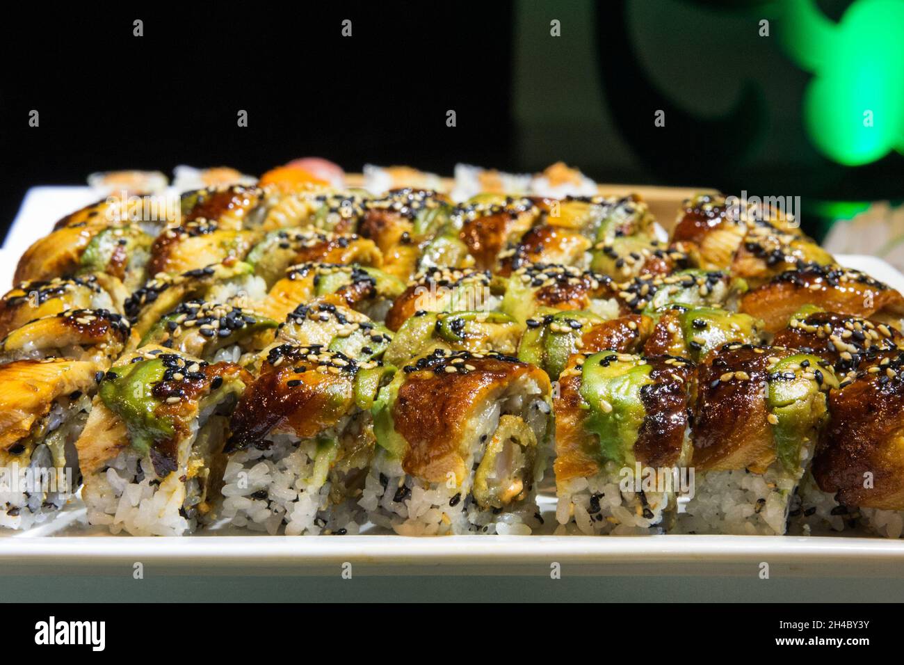 Assorted sushi at a dinner buffet at an event. Stock Photo