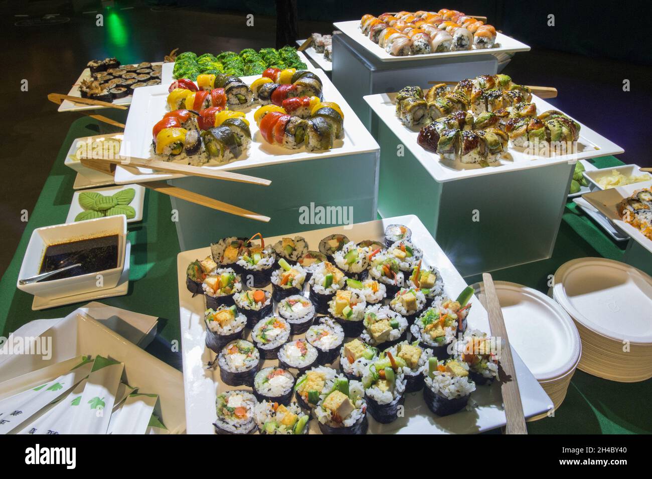 Assorted sushi at a dinner buffet at an event. Stock Photo
