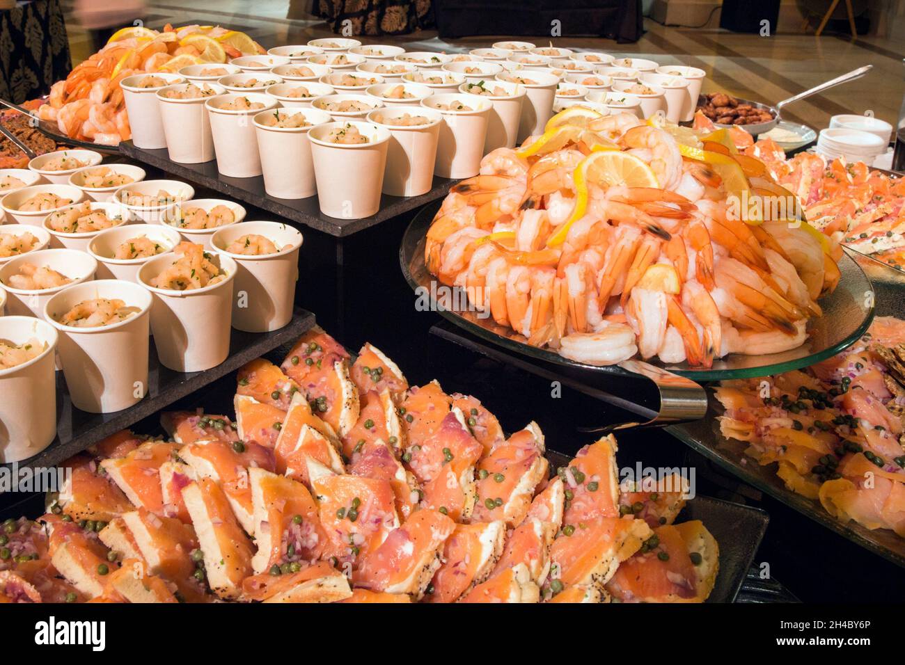 Seafood buffet is set up at an event. Stock Photo