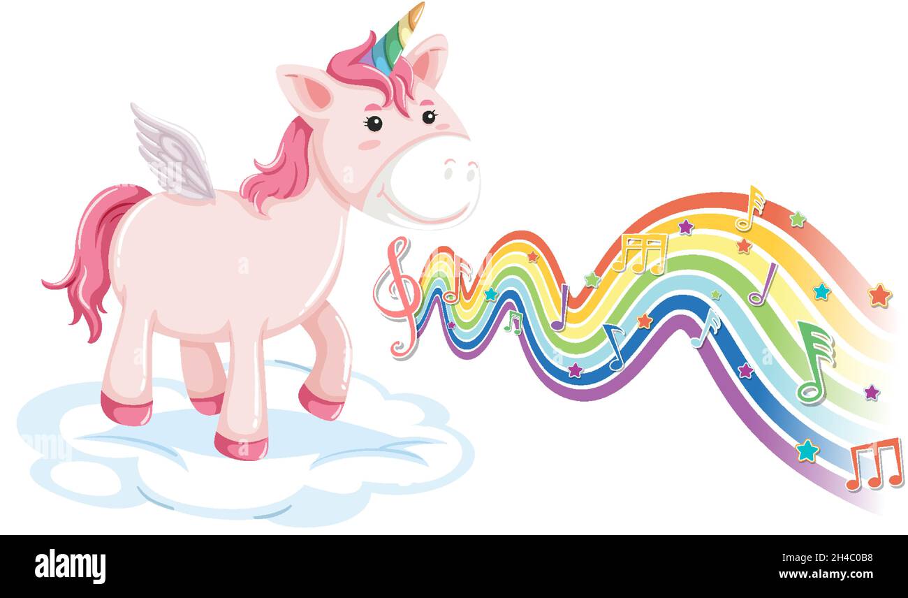 Unicorn standing on the cloud with melody symbols on rainbow wave ...