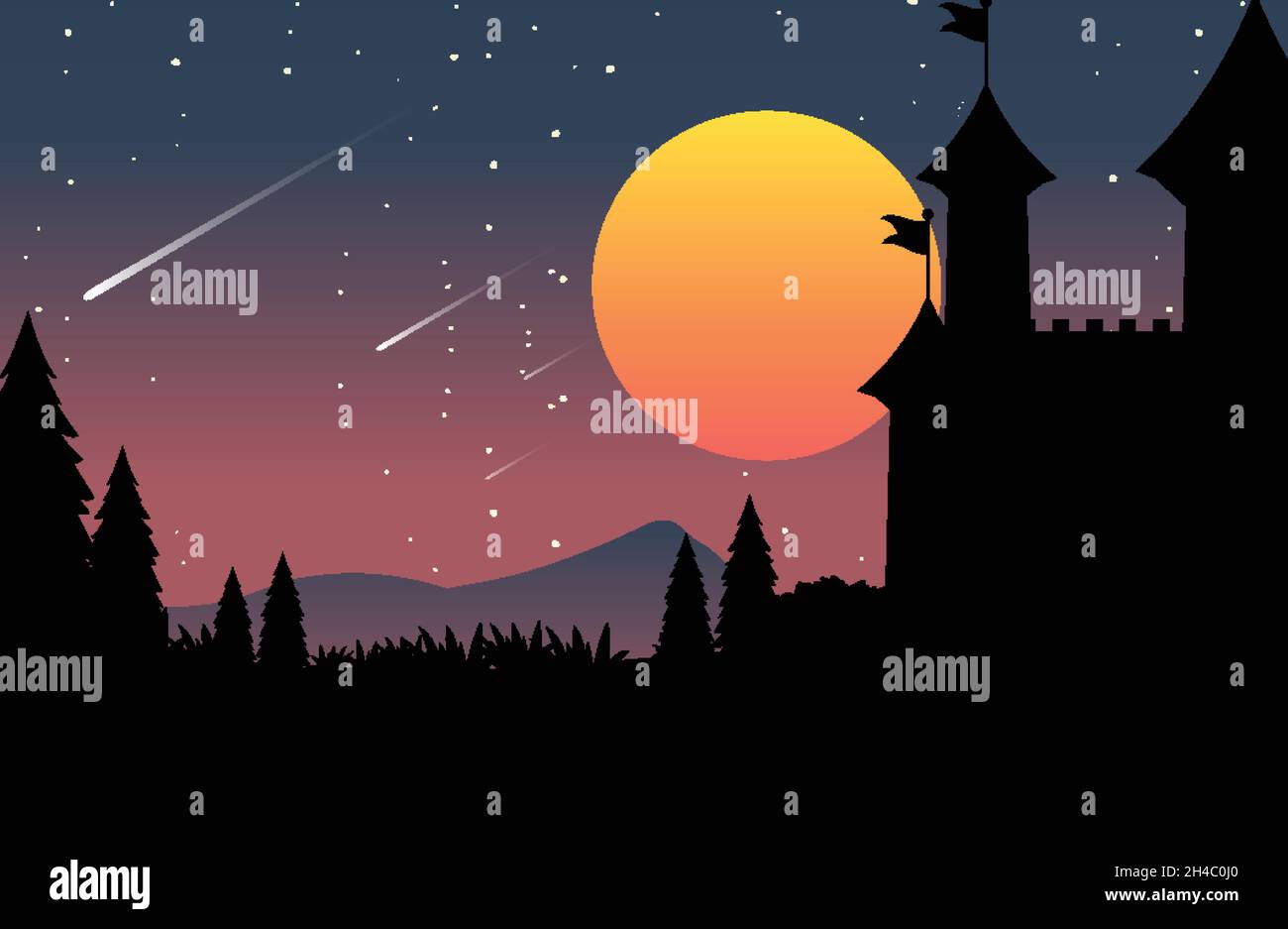 Full moon at night with silhouette scene illustration Stock Vector ...