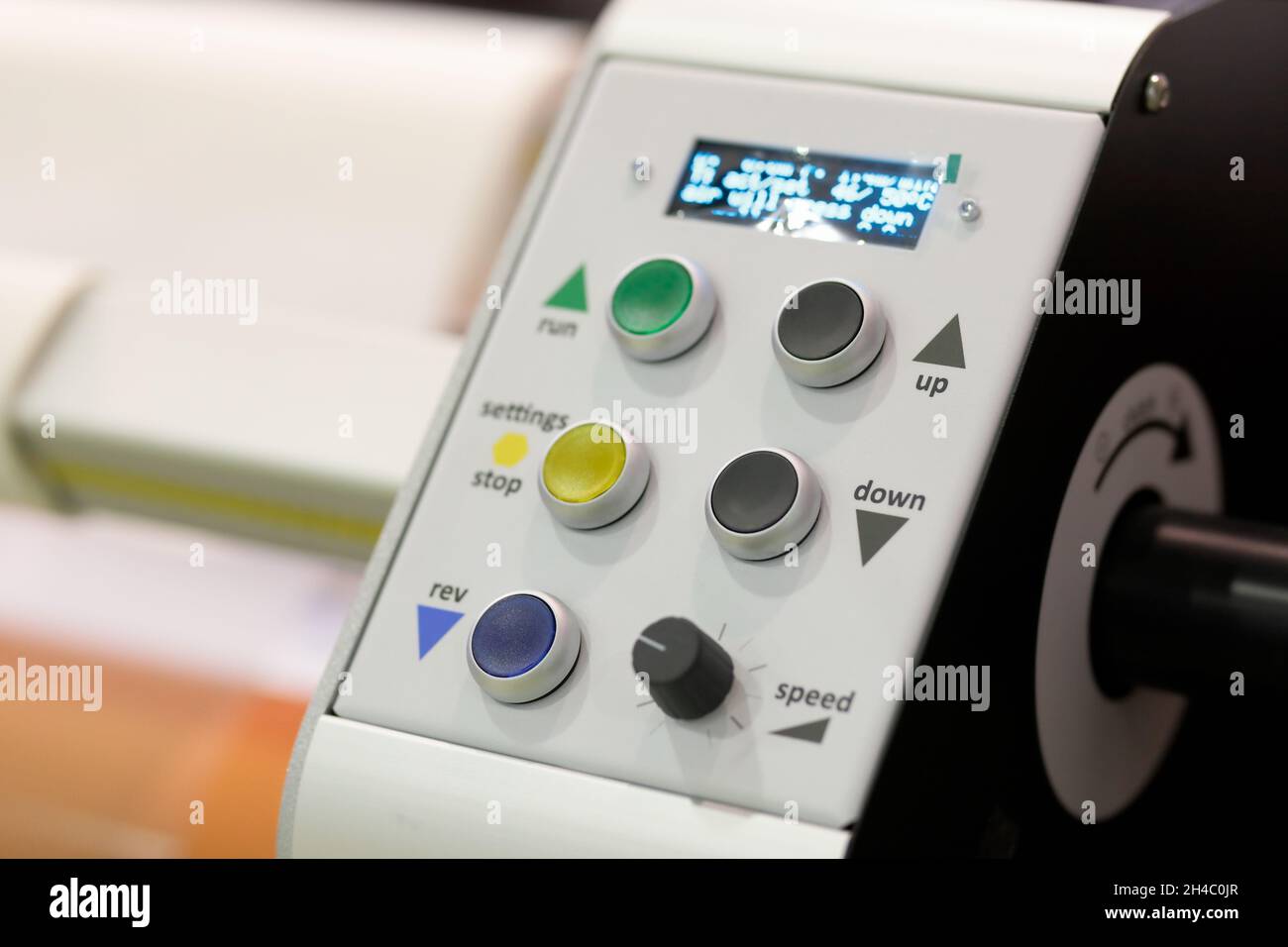 Control panel of inkjet large format printer. Selective focus. Stock Photo