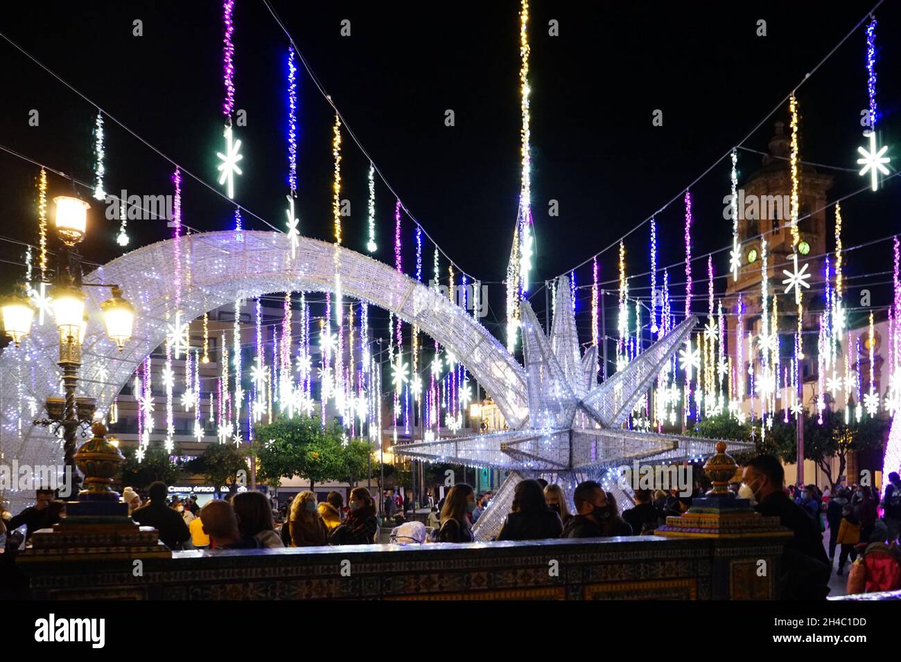 Algeciras, Spain: Christmas lights at the central place of Algeciras Stock Photo