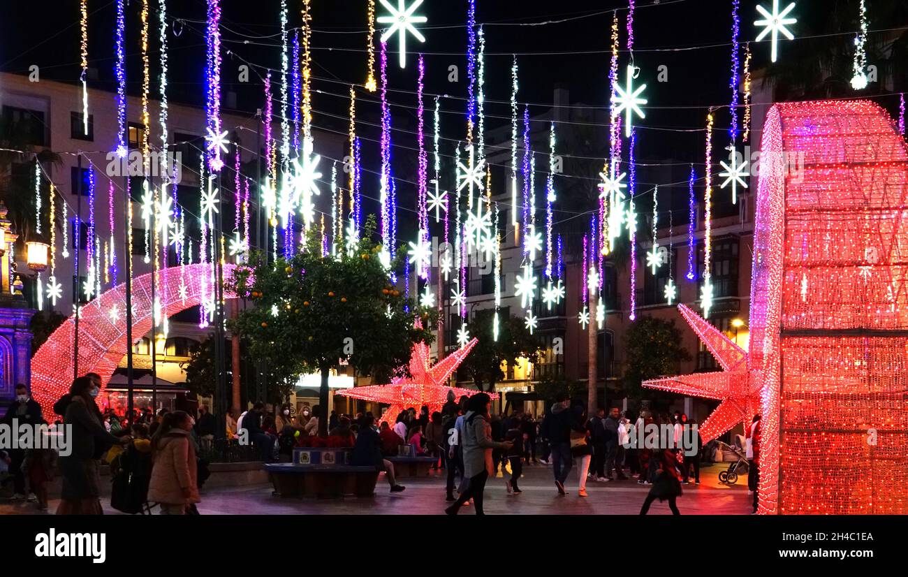 Algeciras, Spain: Christmas lights at the central place of Algeciras Stock Photo