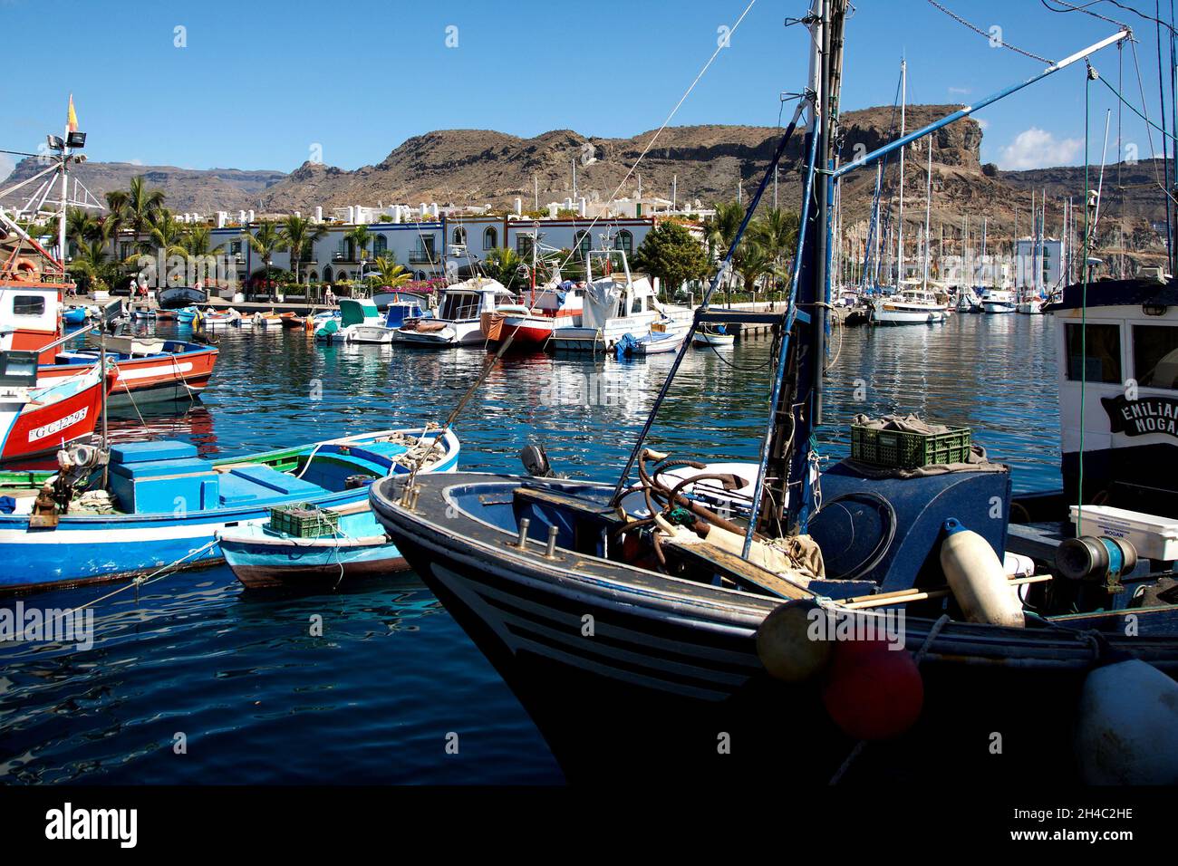 Sailboats in the port of Puerto Mogan on Gran Canaria, Spain Stock Photo