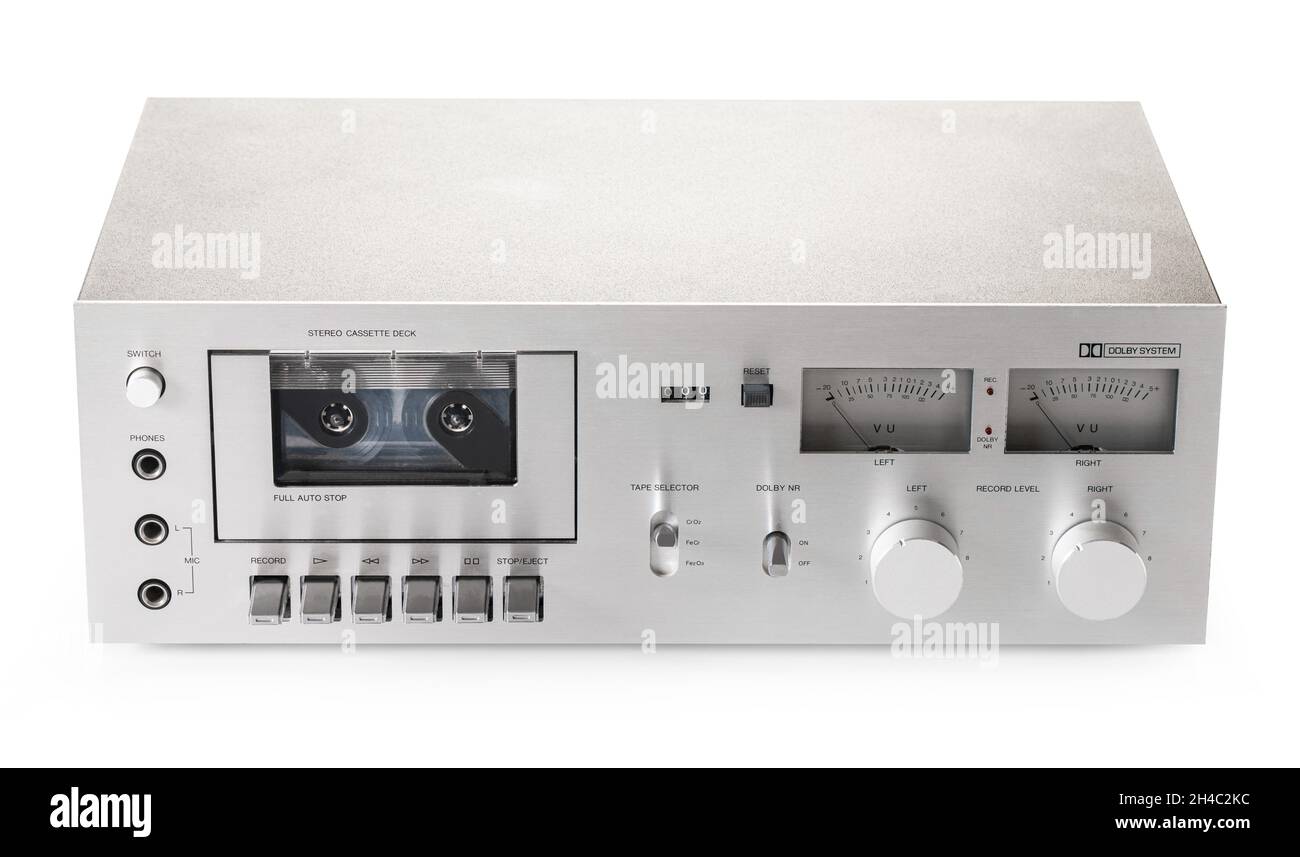 audio tape recorder closeup on white isolated background Stock Photo