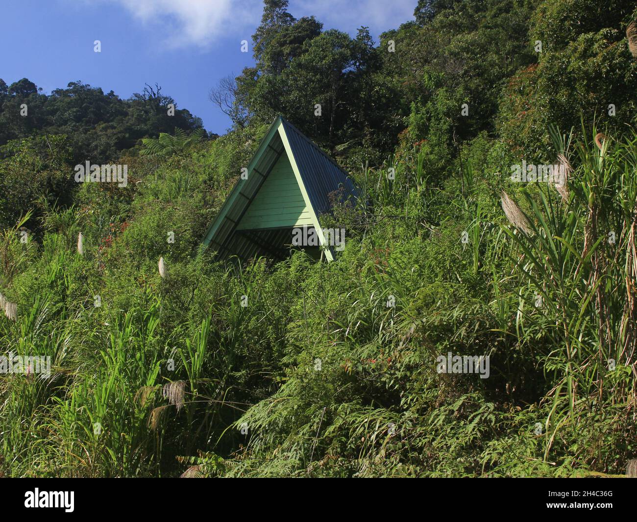 a small house hut with a unique roof design, for a mountain climber to