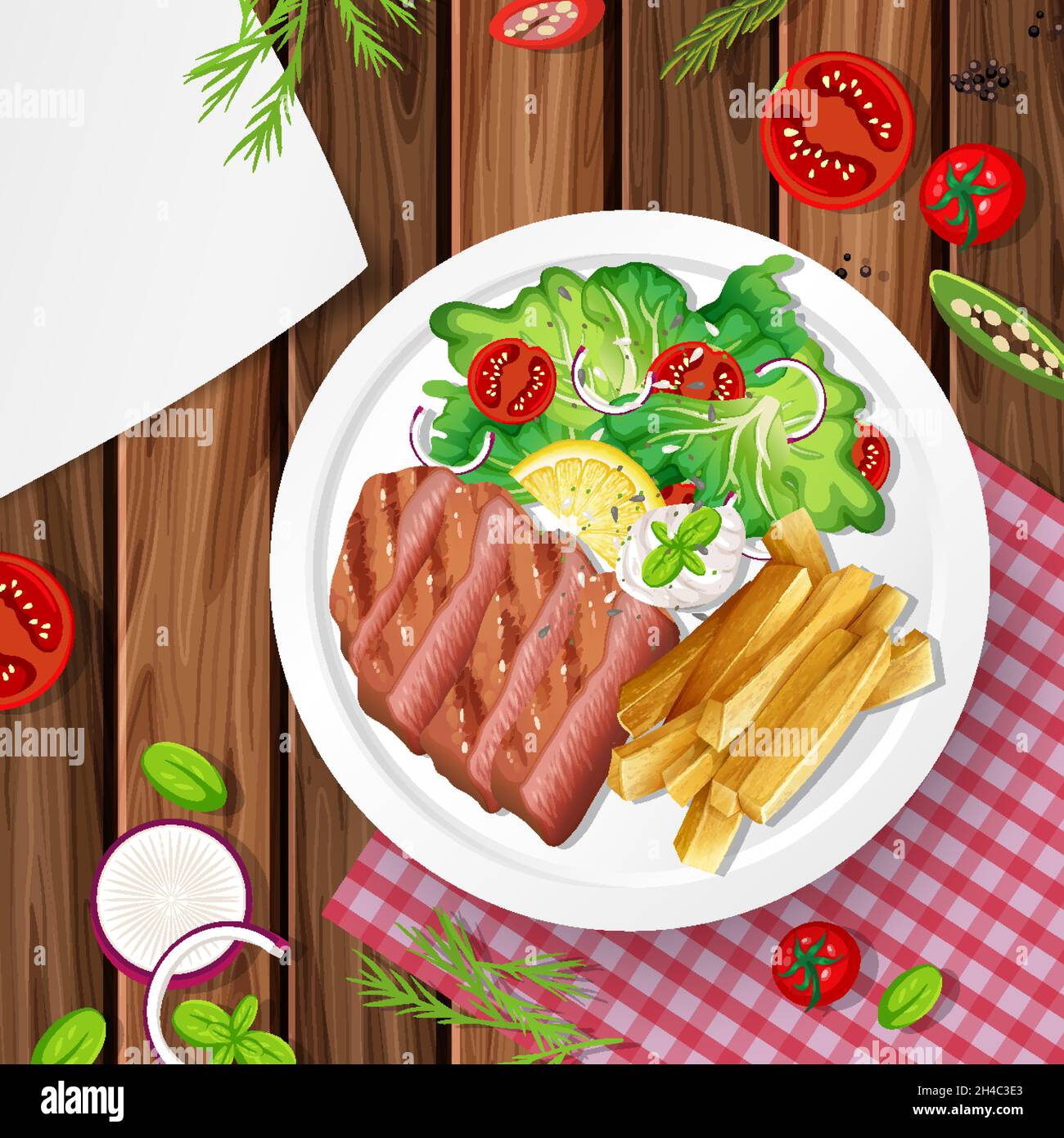 Steak with vegetables on the table illustration Stock Vector Image ...