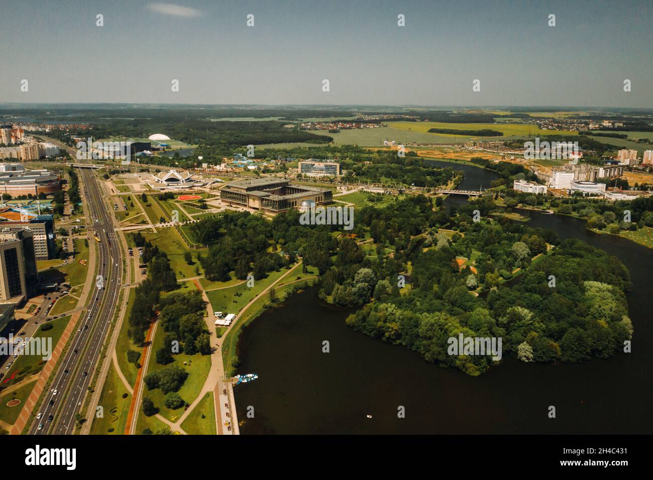 Top view of the victory Park in Minsk and the Svisloch river.A bird's