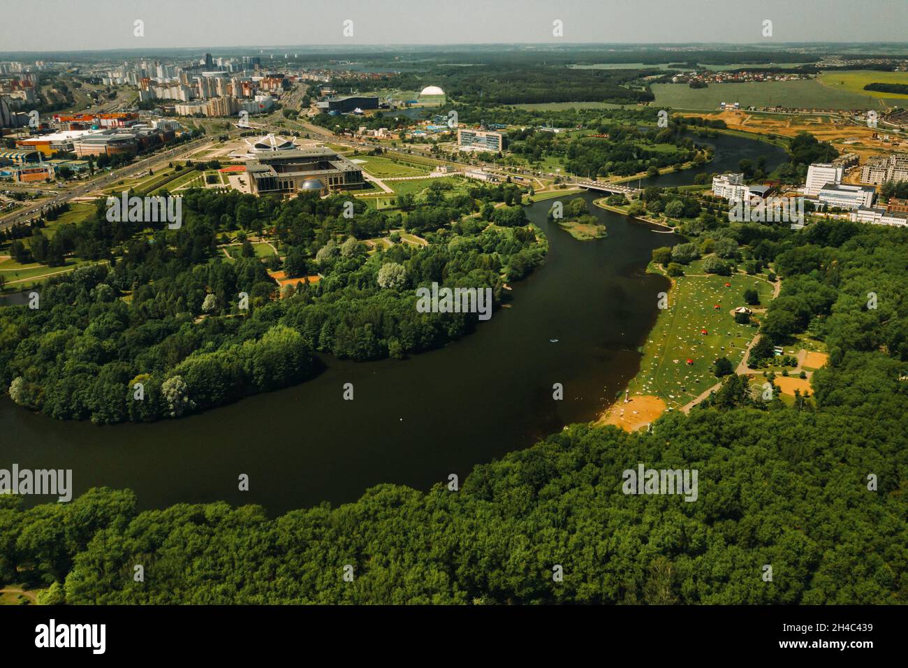 Top view of the victory Park in Minsk and the Svisloch river.A bird's