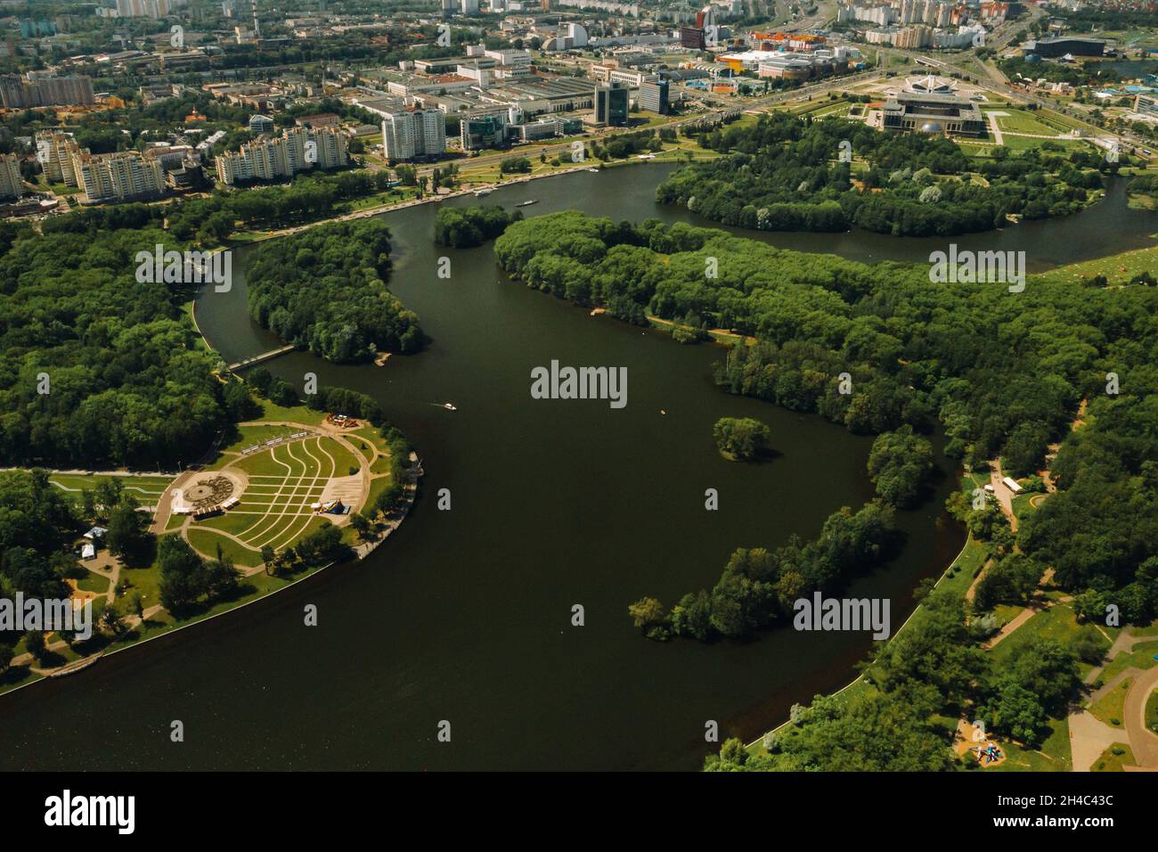 Top view of the victory Park in Minsk and the Svisloch river.A bird's