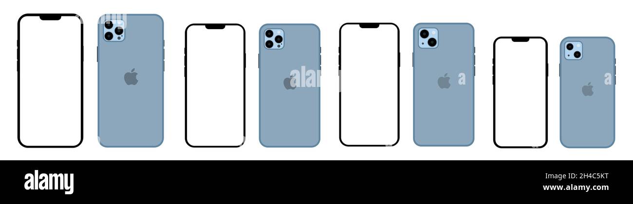 Realistic mockup blue iphone 13 set all colours and models, mockup smartphone with white screen Stock Vector
