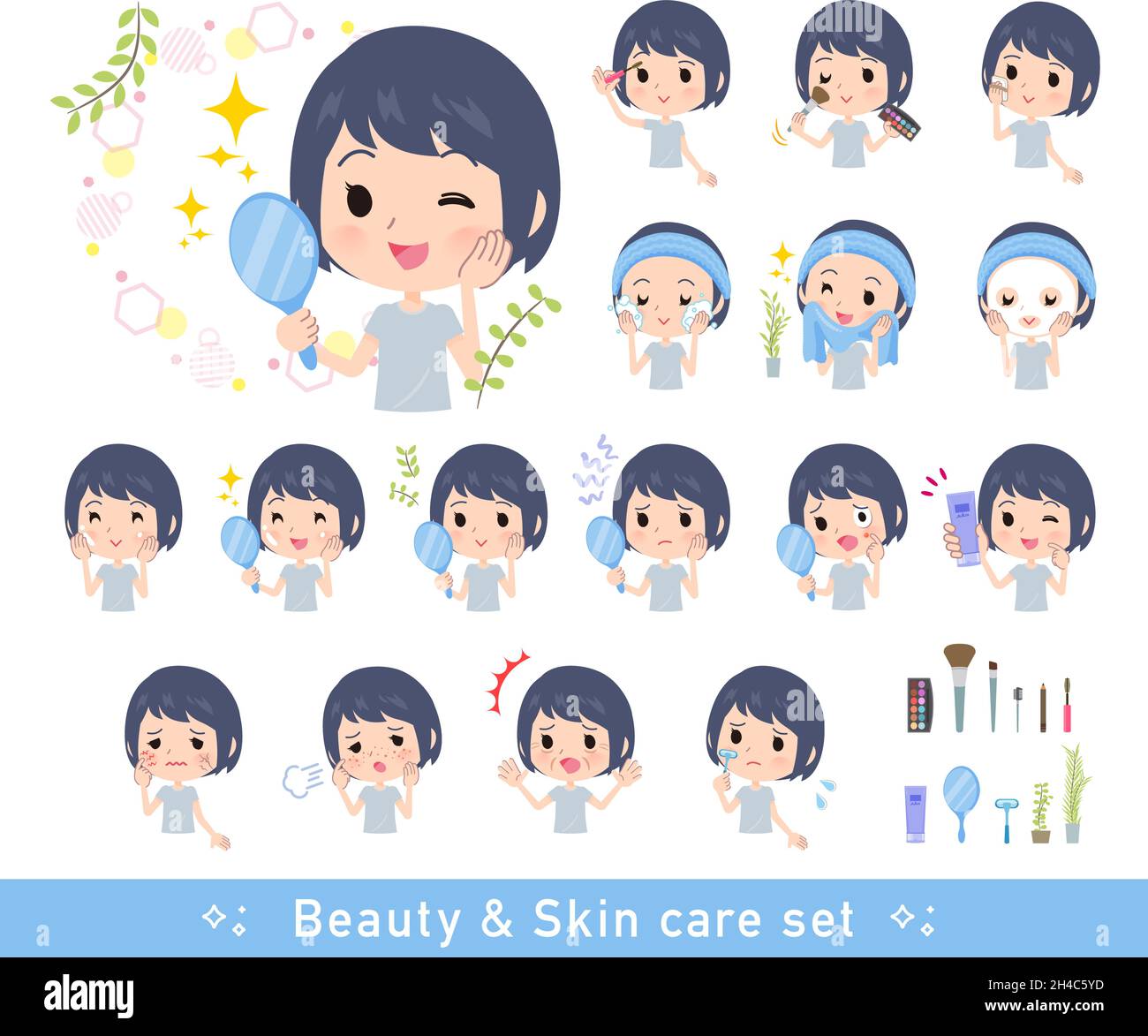 A set of unpaid avatar women on beauty.There are various actions such as skin care and makeup.It's vector art so easy to edit. Stock Vector