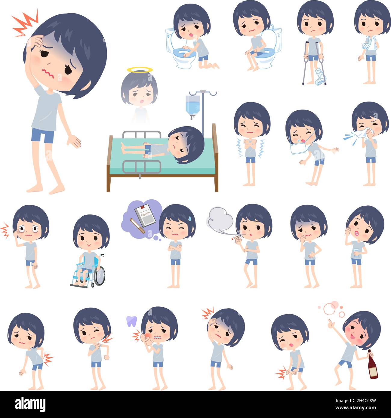 A set of unpaid avatar women with injury and illness.It's vector art so easy to edit. Stock Vector