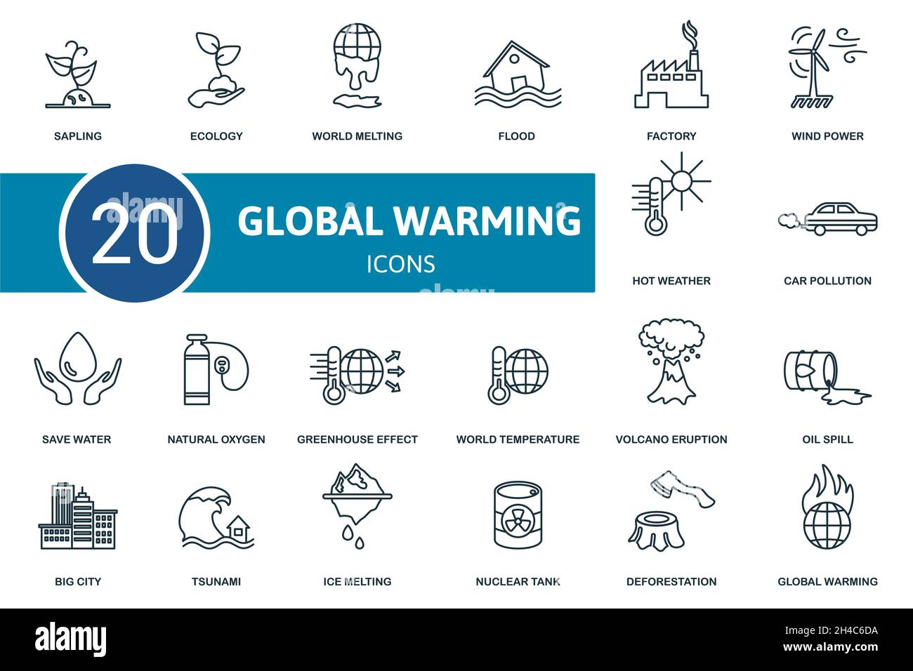 Global Warming icon set. Collection of simple elements such as the sapling, ecology, world melting, car pollution, save water, greenhouse effect Stock Vector
