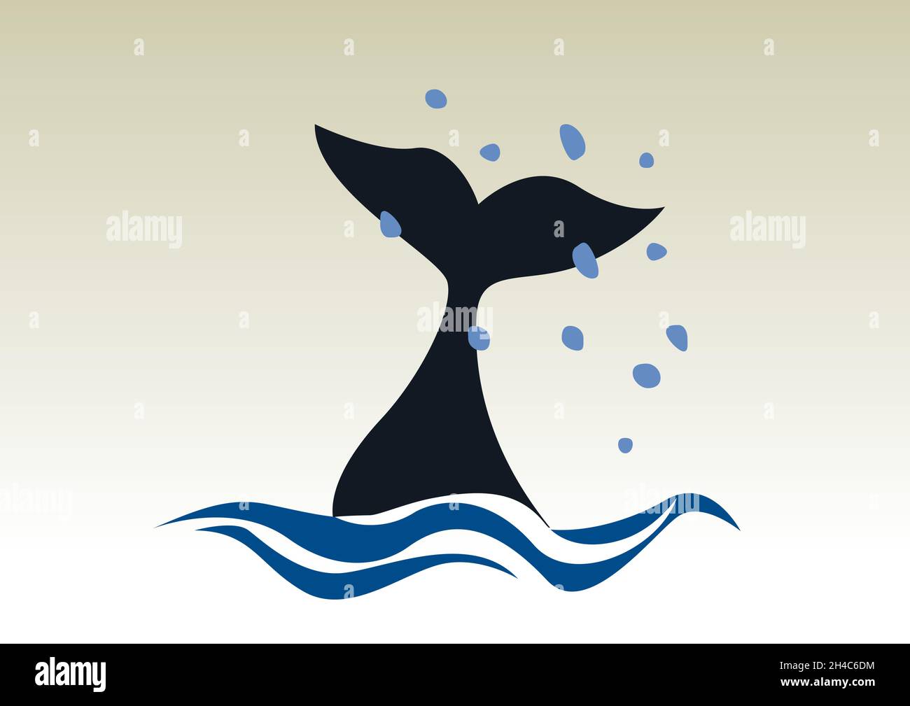 Whale diving with splashes of sea. Tail and drops water. Retro vector ...