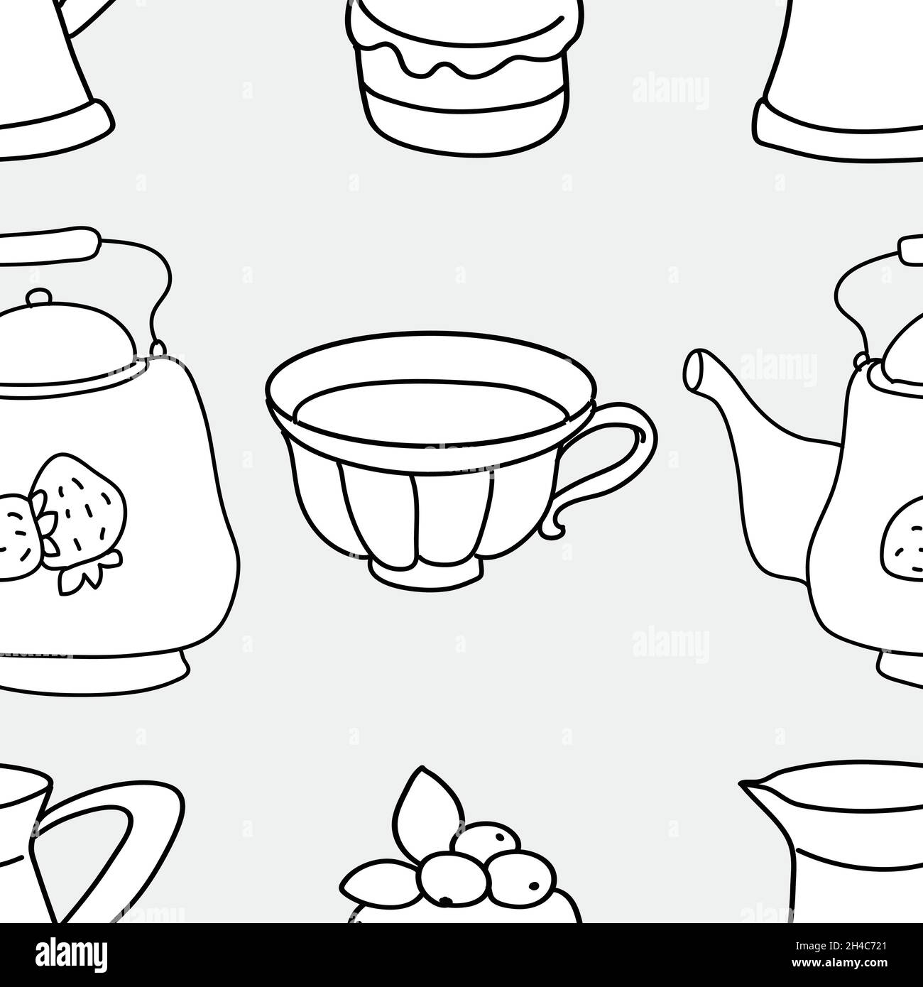 Seamless black and white pattern. Tea drinking illustration Stock ...