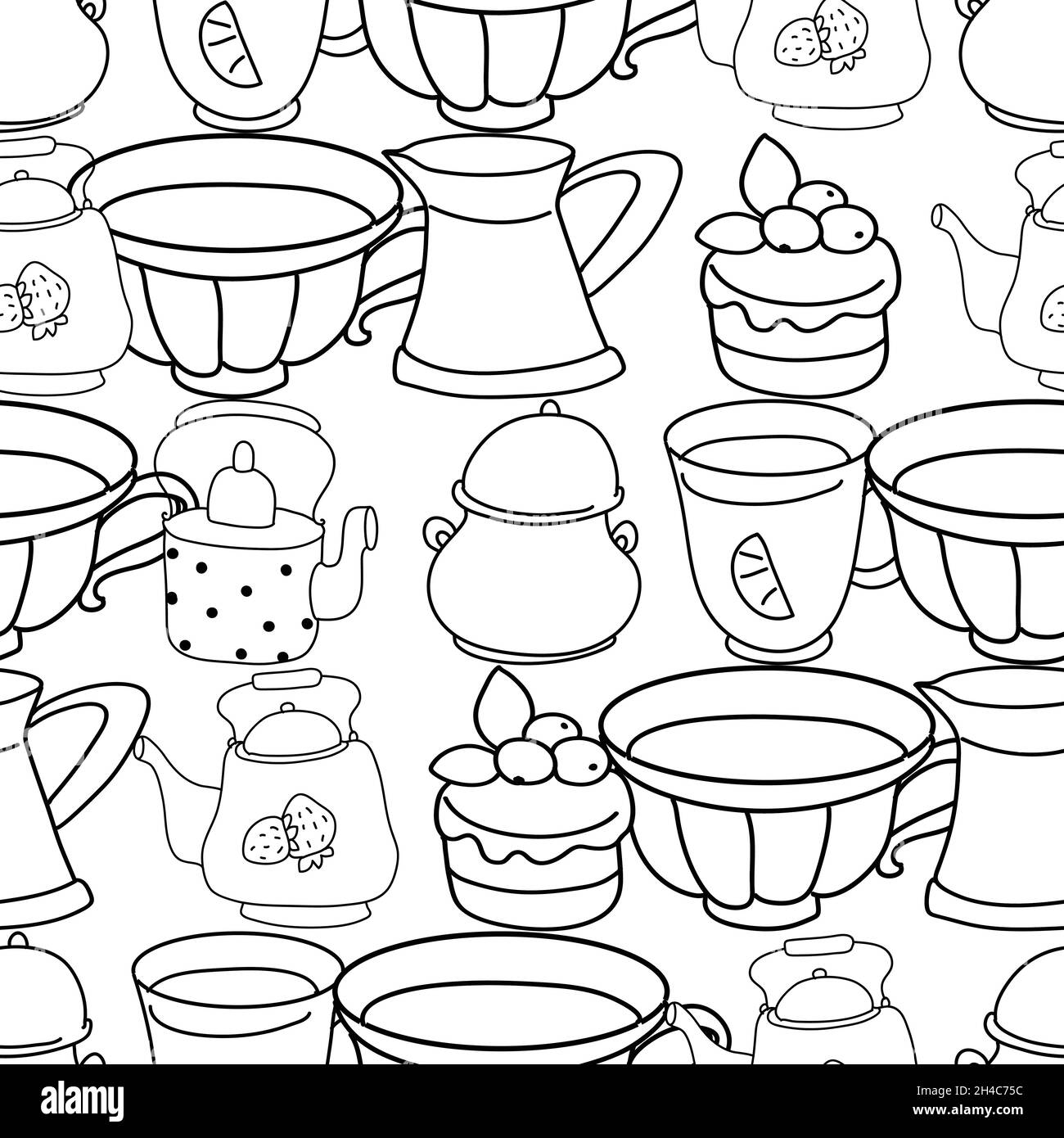 Seamless black and white pattern. Tea drinking illustration Stock ...