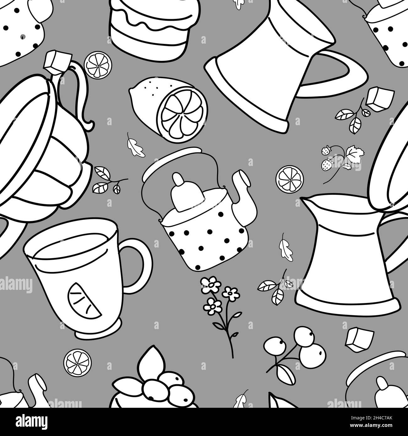 Seamless black and white pattern. Tea drinking illustration Stock ...