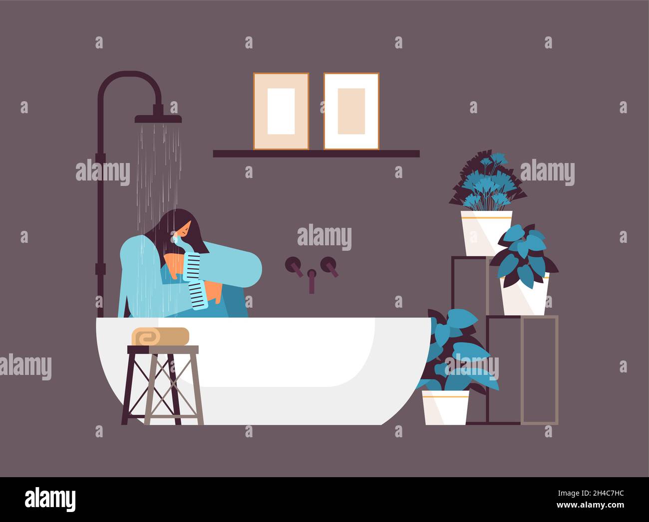 unhappy depressed woman sitting in shower girl feeling desperate and