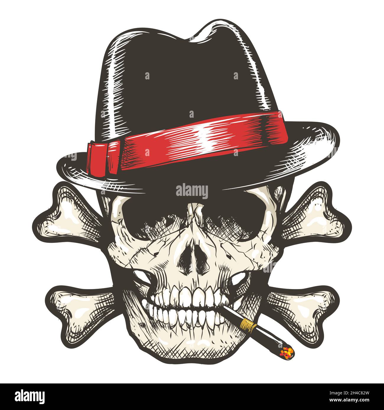Tattoo of Skull in Gangster Hat Smoking Cigar. Vector illustration. Stock Vector