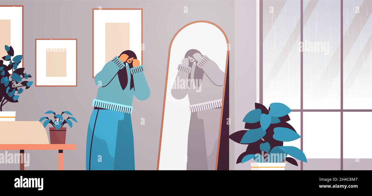 unhappy depressed woman looking at mirror girl feeling desperate mental health diseases depression stress concept Stock Vector