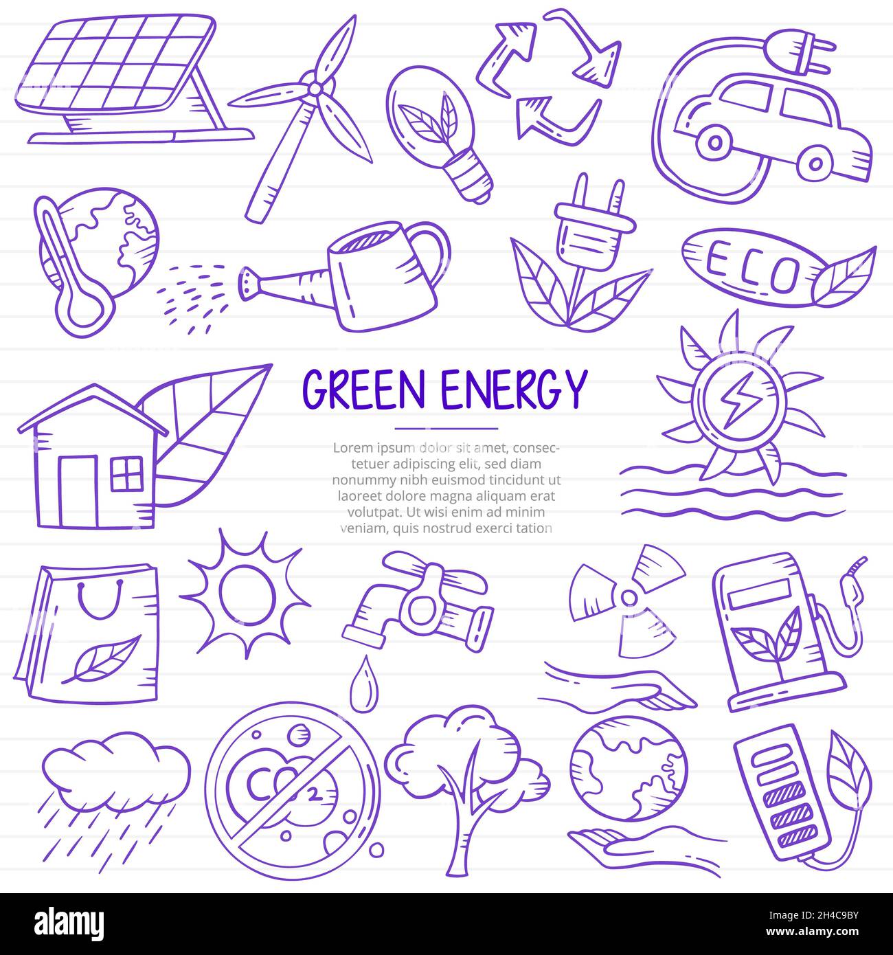 green energy doodle hand drawn with outline style on paper books line ...