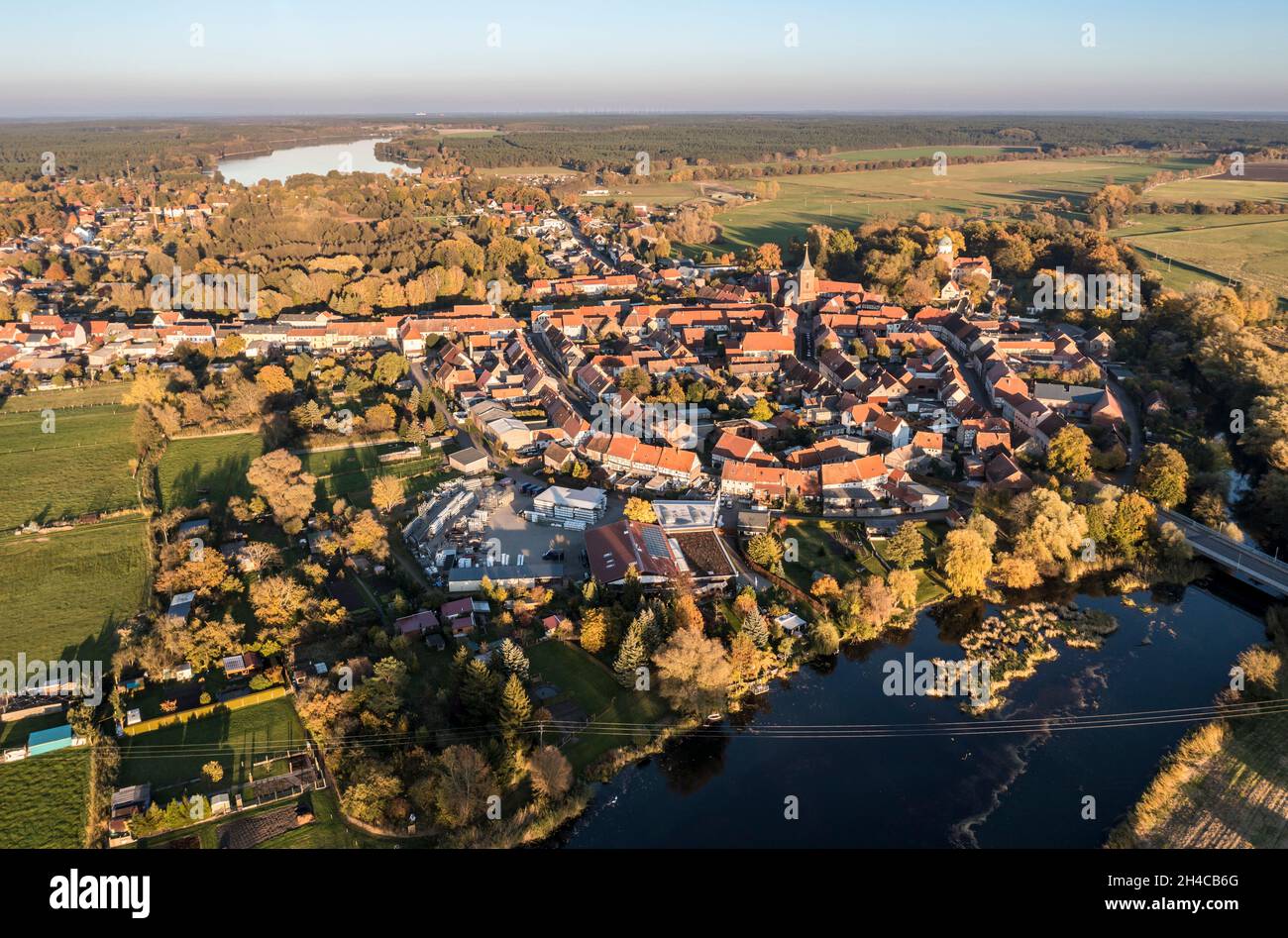 Aerial view over village Lenzen at sunset, Brandenburg, Germany Stock