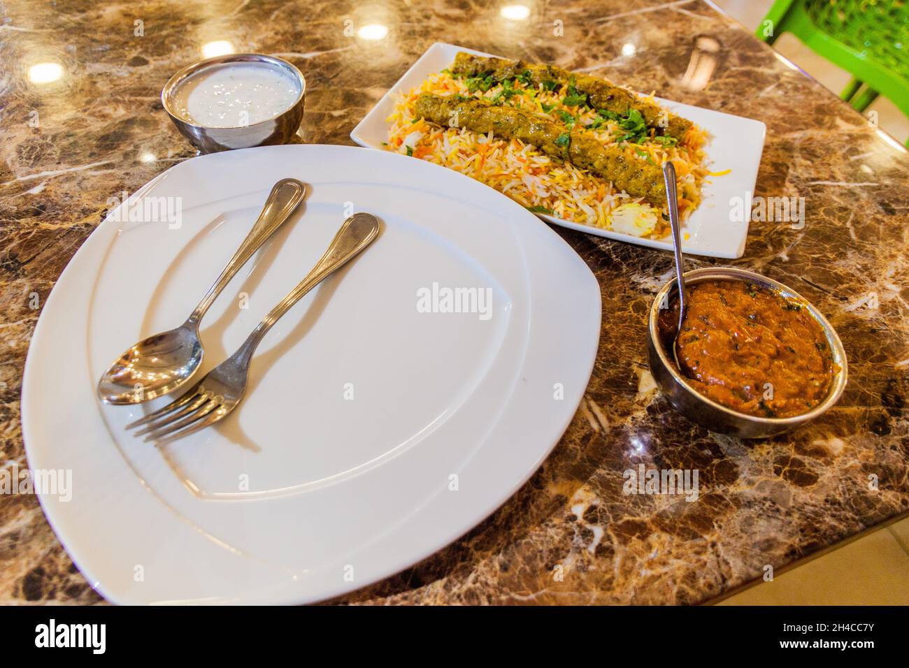 Kabab Biryani meal in a restaurant Stock Photo