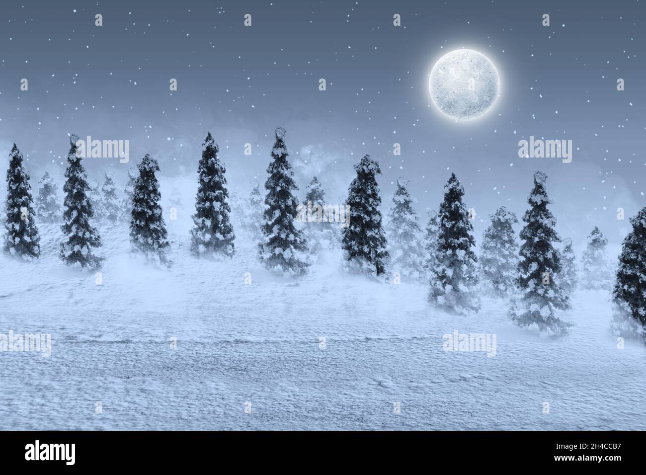 Snowy fir trees with snowfall and full moon at night Stock Photo - Alamy