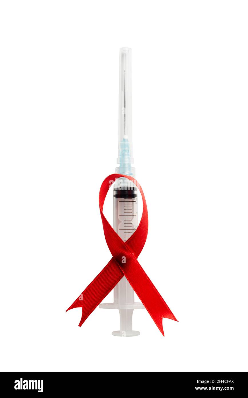 Red ribbon and syringe with white background. Hiv Aids ribbon awareness ...