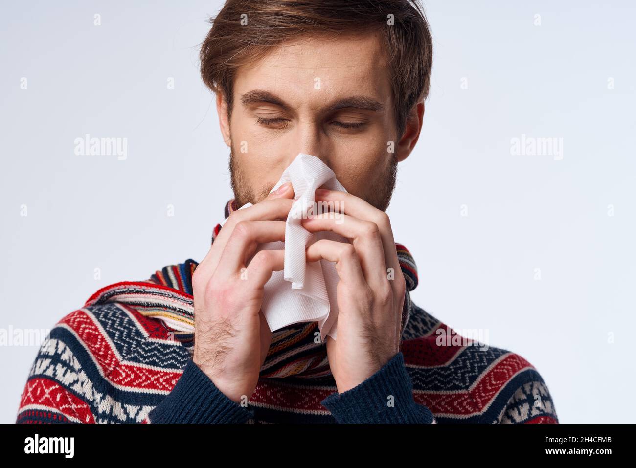emotional man with a handkerchief health problem flu symptoms isolated ...