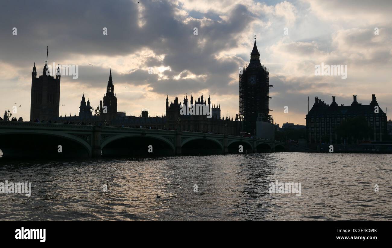 9 October 2021 - London, England: London skyline at dusk with Big Ben Stock Photo