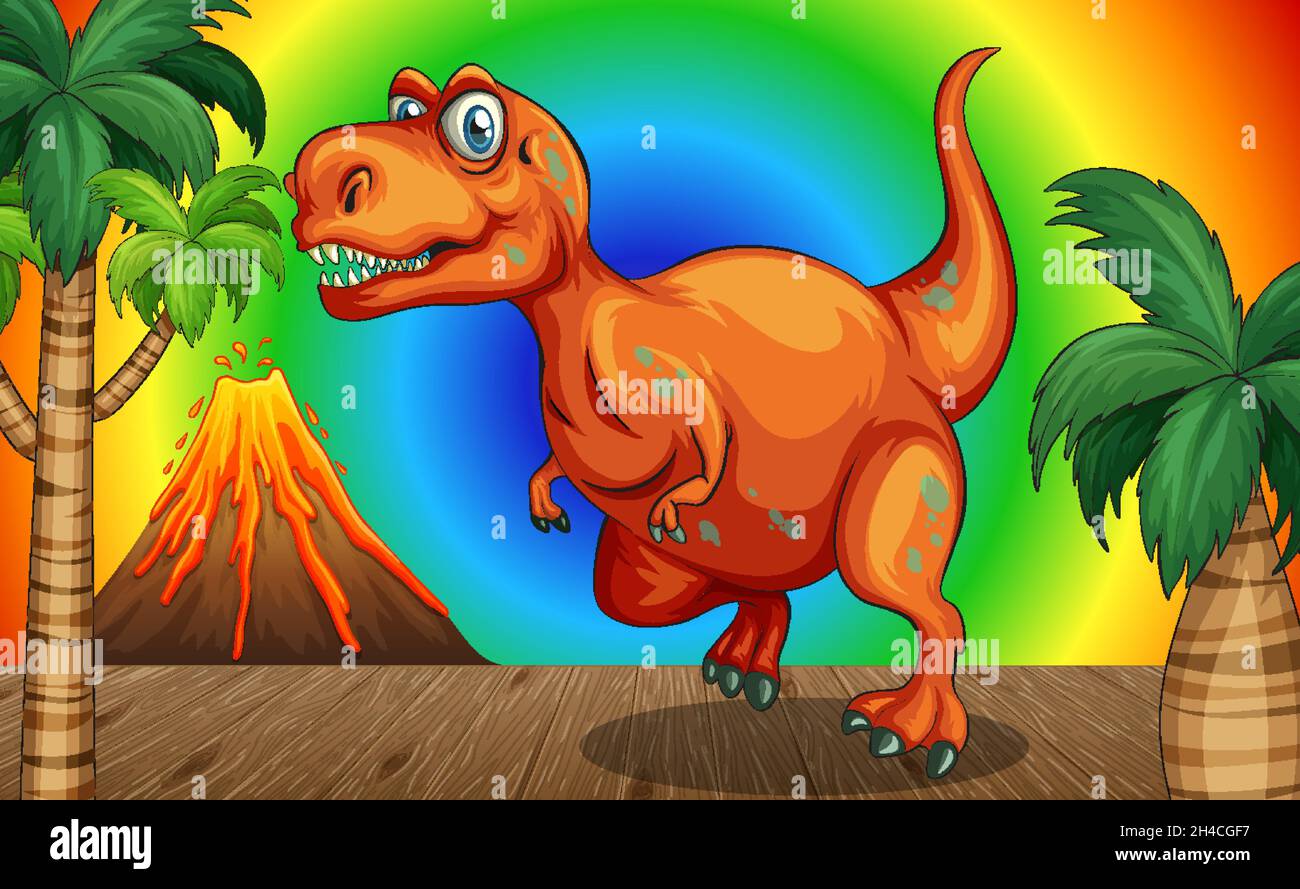 Cartoon dinosaur on rainbow gradient background illustration Stock Vector