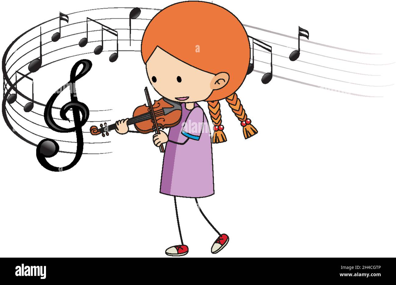 Cartoon doodle a girl playing violin with melody symbols on white
