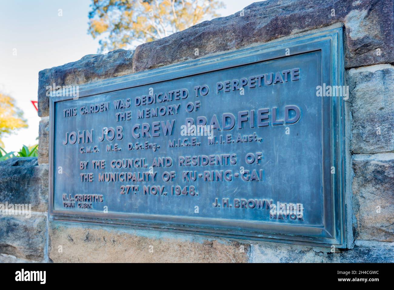 A 1948 erected memorial to Engineer, John Job Crew Bradfield close to where he lived in Gordon, New South Wales, Australia Stock Photo
