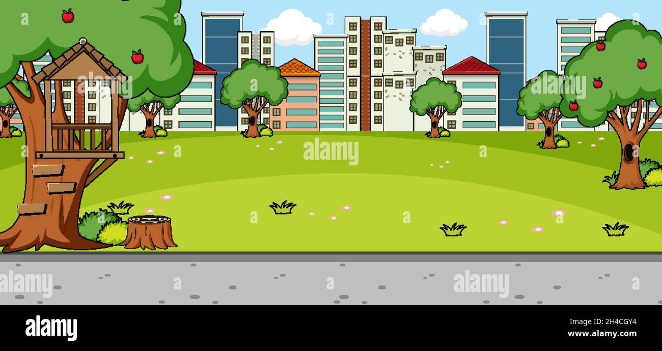 Horizontal scene with park and cityscape background illustration Stock ...