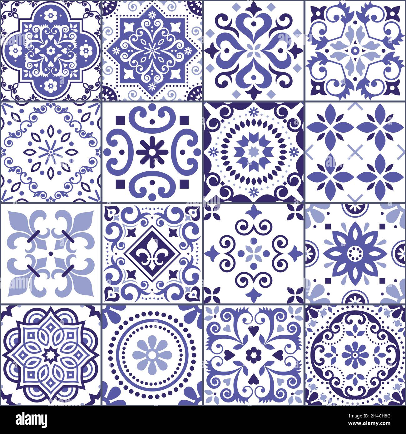 Portuguese and Spanish azulejo tiles seamless vector pattern collection in purple and white, traditional floral design big set inspired by tile Stock Vector