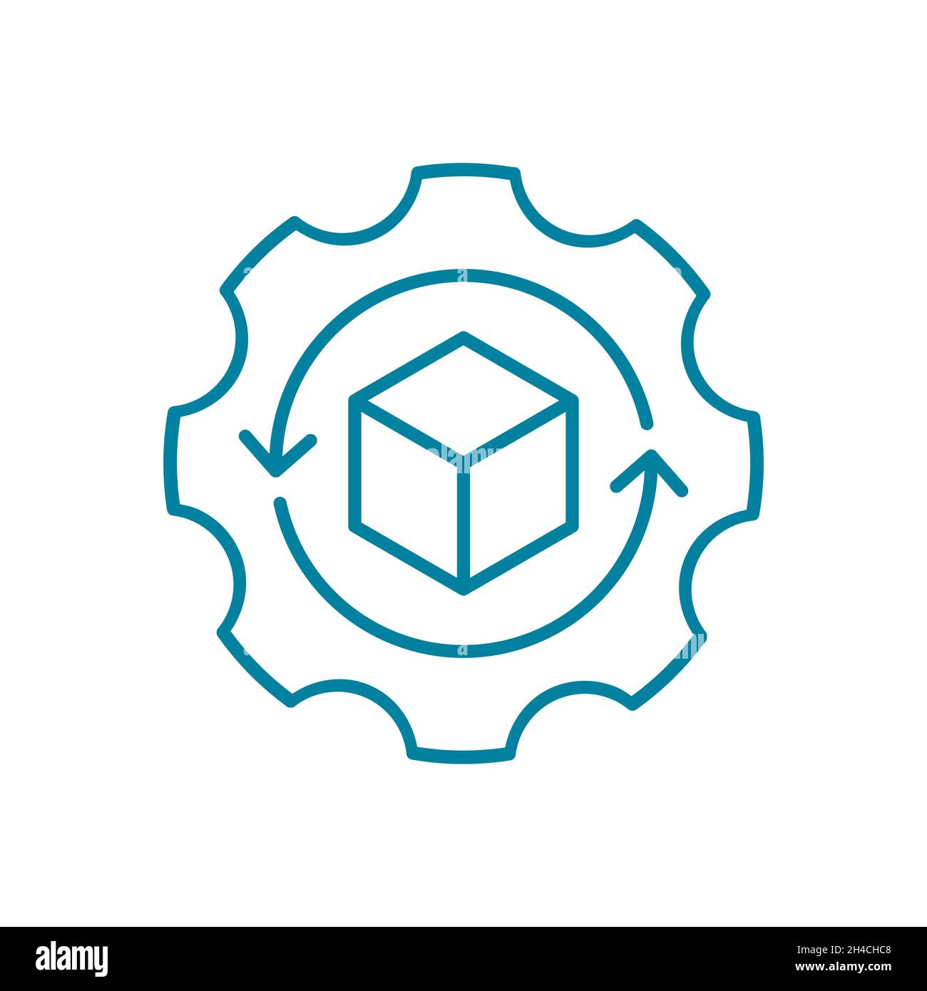 Product development line icon. Gear with product inside. Production process symbol. Delivering a new product or improving an existing one. Vector Stock Vector