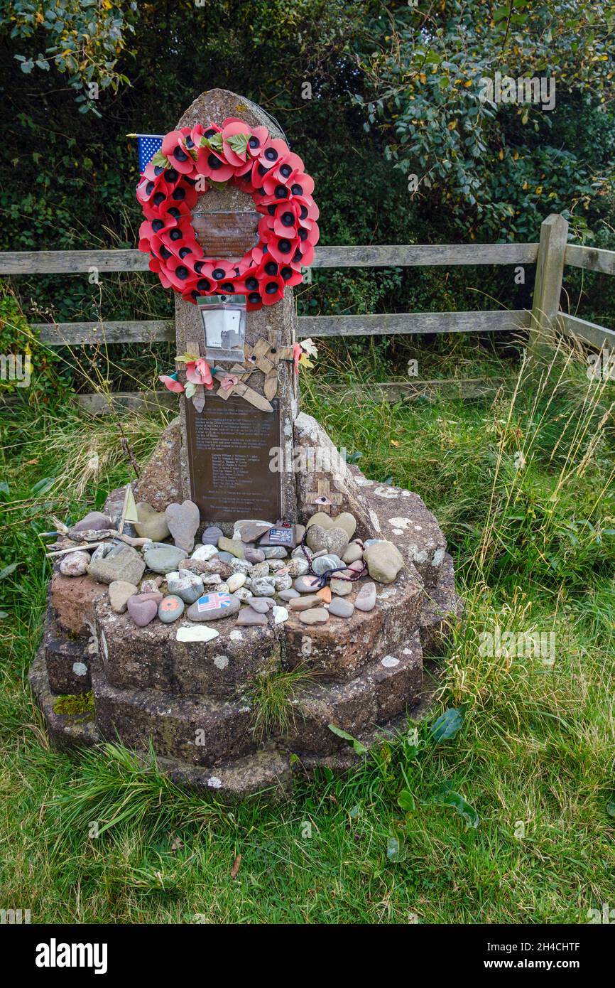 Memorial to the crew of an American Liberator bomber killed when it crashed at this spot at Porlock Marsh, Somerset, England, in 1942 Stock Photo