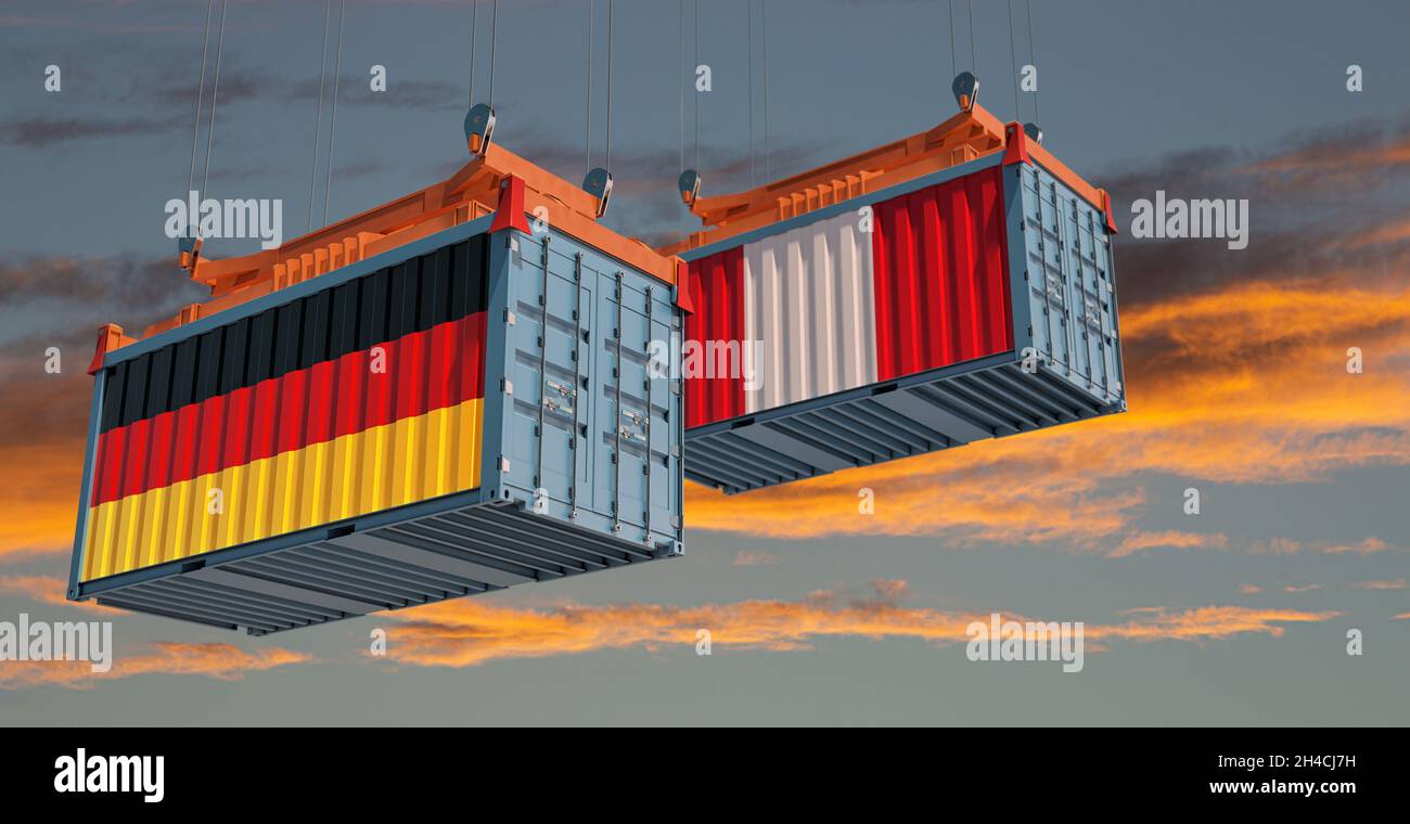 Shipping containers with German and Peru national flag. 3D Rendering ...